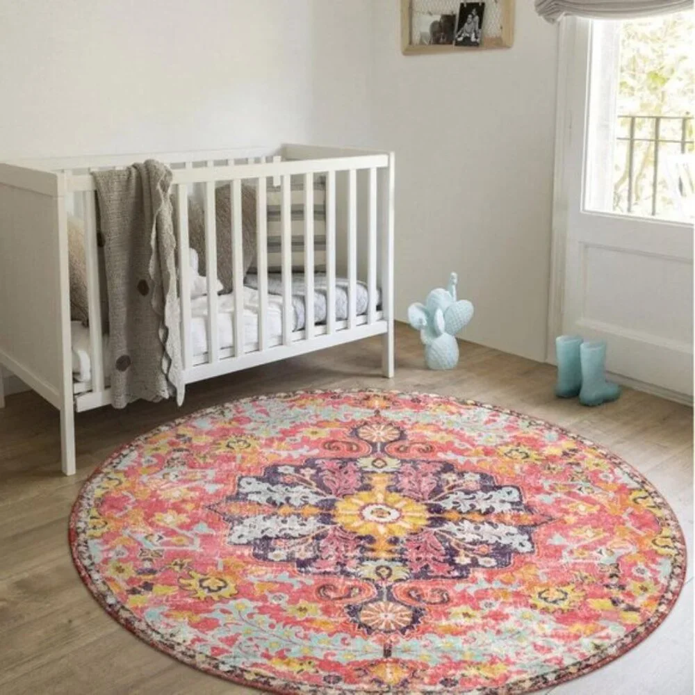 New 4Ft Hot Pink Round Rug, Floral Washable Carpet for Any Indoor Space